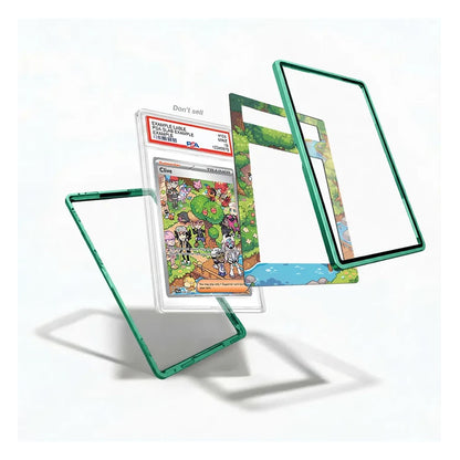 A set of transparent phone cases with a metallic teal-green border, shown floating in an exploded view. One case is open to display a colorful anime-style illustration insert, and another case is shown with a matching landscape print on the back.
