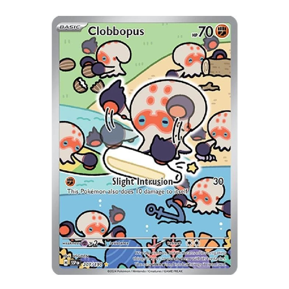 A single Pokémon trading card featuring Clobbopus from the Basic set, with illustrated clobbopuses on a beach scene and a silver border around the card.