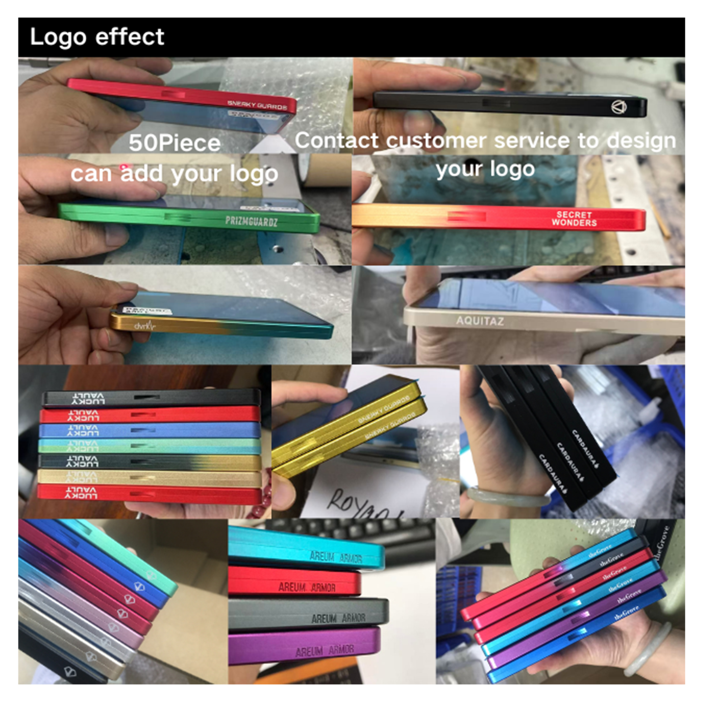 Collage of pens with various logos held by hands, promoting customization.
