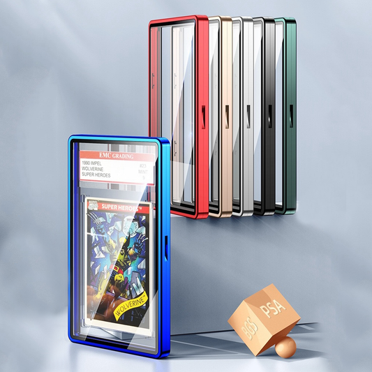 Collection of card protectors in various colors with a trading card and PSA logo on a gray background