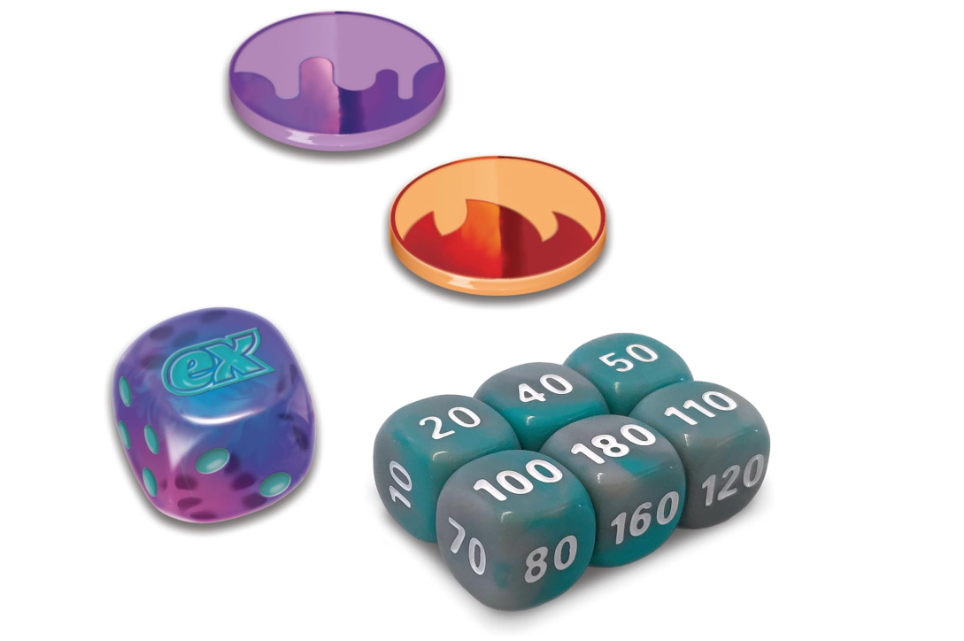 Colorful dice with different numbers on a white background