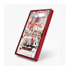 A red protective smartphone case shown at an angle on a light gray background. The screen displays a busy, illustrated collage graphic with text and line drawings.