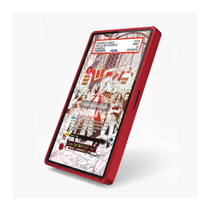 A red protective smartphone case shown at an angle on a light gray background. The screen displays a busy, illustrated collage graphic with text and line drawings.
