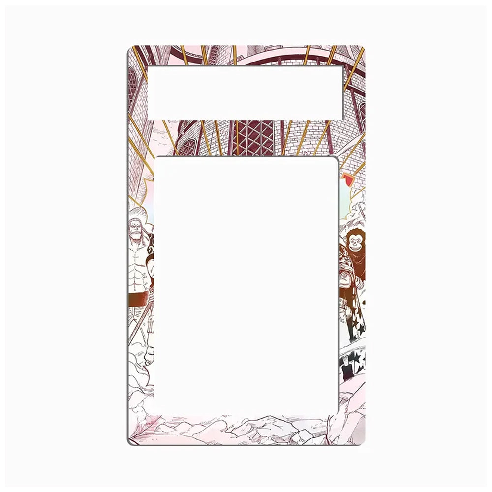 A decorative picture frame with a white center and an illustrated border featuring architectural linework, figures, and a lion in muted pink, brown, and gold tones.