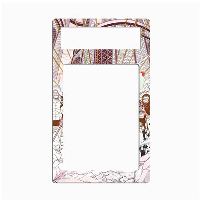 A decorative picture frame with a white center and an illustrated border featuring architectural linework, figures, and a lion in muted pink, brown, and gold tones.