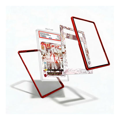 A set of clear acrylic picture frames with red borders, shown floating in a dynamic arrangement against a white background. One frame displays a colorful anime collage insert, while another features a black-and-white sketch pattern.