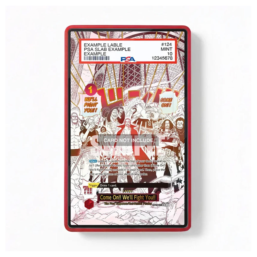 A PSA-certified collectible slab showing an example comic book grading card, featuring a red border and a detailed retro comic illustration with a white 'CARD NOT INCLUDED' watermark overlay.
