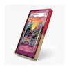 A smartphone case shown at an angle on a light gray background. The case has a red outer frame and a gold inner bumper, with a colorful graphic print featuring a retro card design on the back.