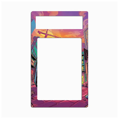 A rectangular light switch plate cover featuring a colorful pop-art illustration of a city street at sunset, with two cutouts for switches and outlets, shown on a plain white background.
