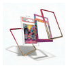 Three colorful card sleeves or frames are shown floating on a white background, including one with a graded holographic Pokémon TCG card inserted, plus a clear sleeve and a pink-purple patterned sleeve.