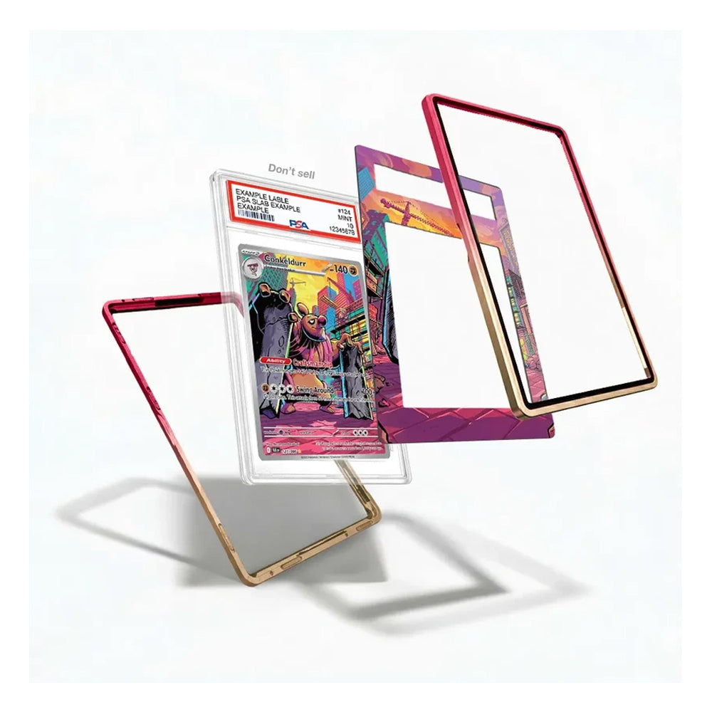 Three colorful card sleeves or frames are shown floating on a white background, including one with a graded holographic Pokémon TCG card inserted, plus a clear sleeve and a pink-purple patterned sleeve.
