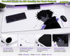 A large white desk mat with an anime character print in black, purple, and white, shown on a desk with a keyboard, mouse, and monitor. The image includes four feature callout panels at the bottom highlighting stitched edges, waterproof surface, anti-slip rubber base, and smooth surface.