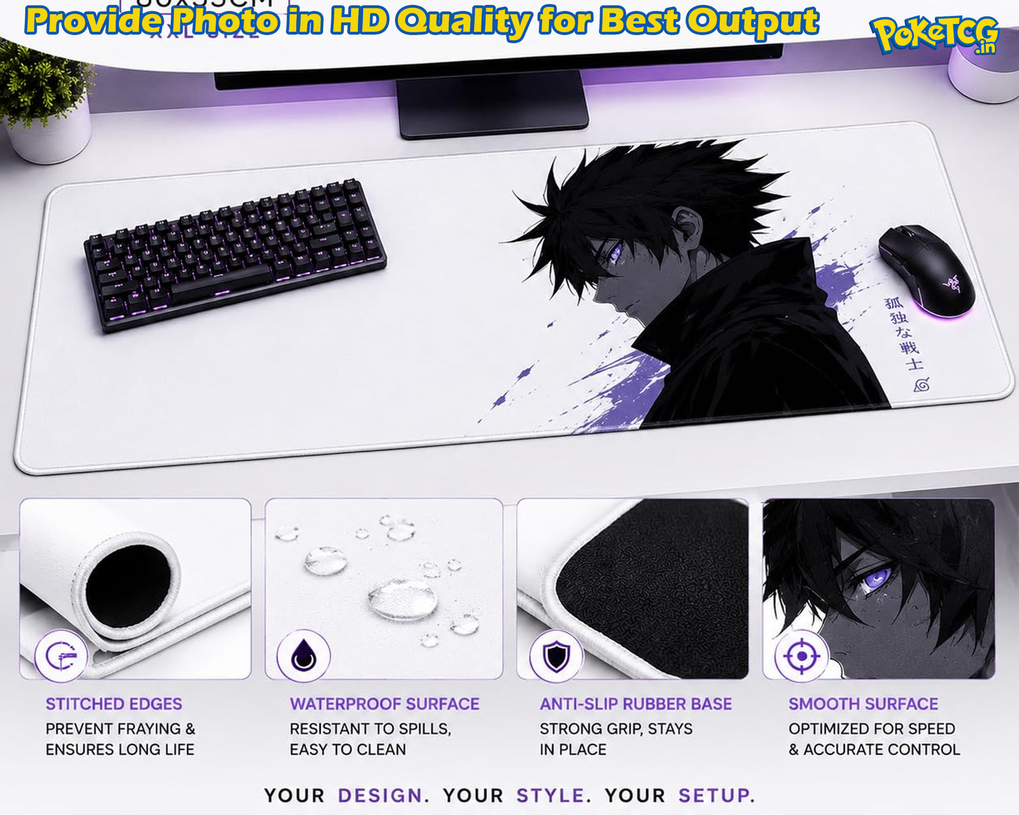 A large white desk mat with an anime character print in black, purple, and white, shown on a desk with a keyboard, mouse, and monitor. The image includes four feature callout panels at the bottom highlighting stitched edges, waterproof surface, anti-slip rubber base, and smooth surface.