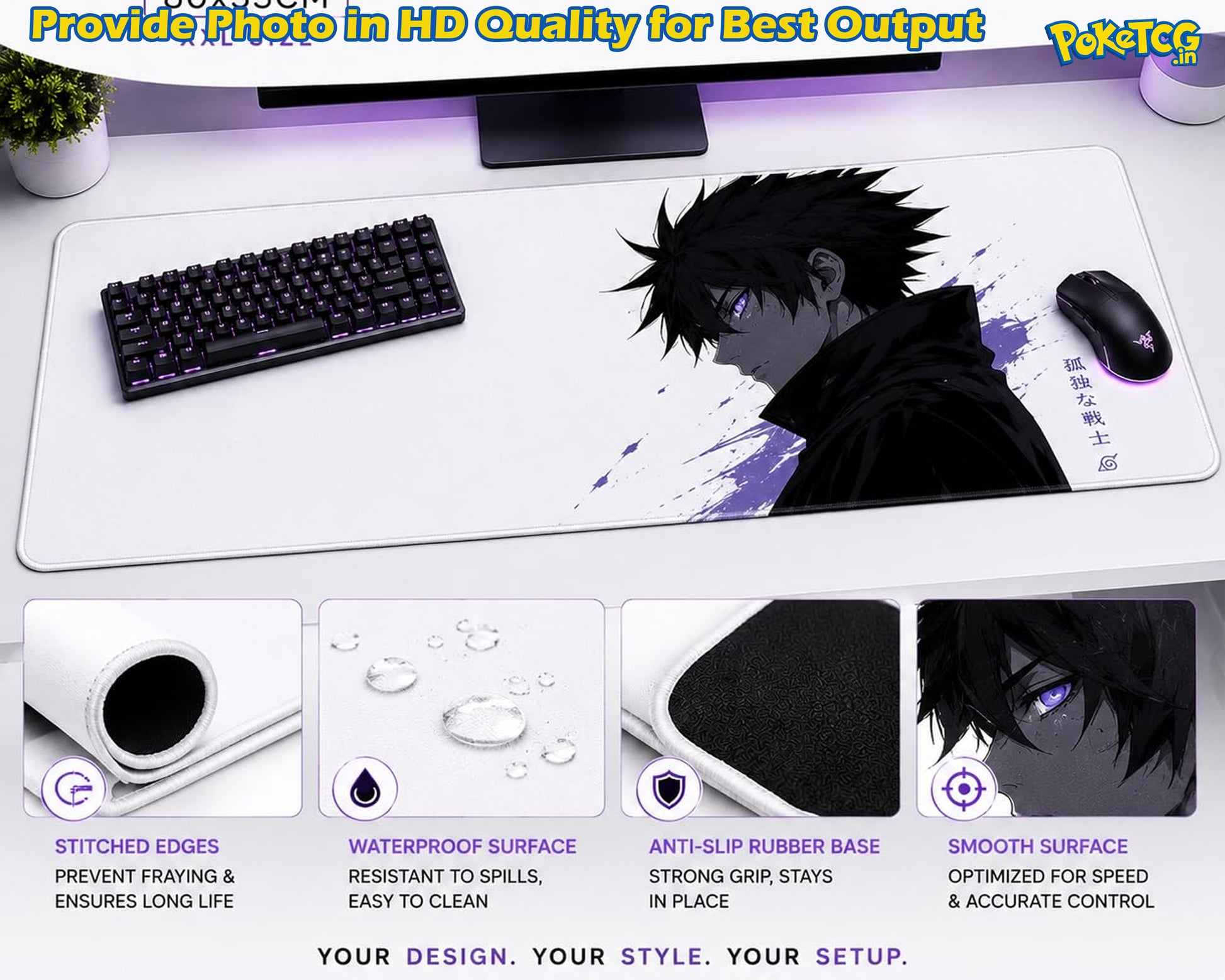 A large white desk mat with an anime character print in black, purple, and white, shown on a desk with a keyboard, mouse, and monitor. The image includes four feature callout panels at the bottom highlighting stitched edges, waterproof surface, anti-slip rubber base, and smooth surface.