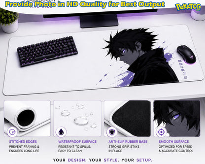 A large white desk mat with an anime character print in black, purple, and white, shown on a desk with a keyboard, mouse, and monitor. The image includes four feature callout panels at the bottom highlighting stitched edges, waterproof surface, anti-slip rubber base, and smooth surface.