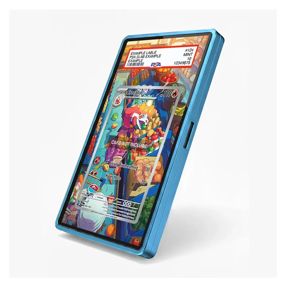 A blue protective phone case shown on a smartphone, featuring a colorful card-art design on the back. The phone is displayed at an angle on a clean white background.