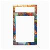 A rectangular metal plate with rounded corners, featuring a colorful cartoon illustration of a grocery store aisle with fruits, vegetables, and shelves. The top section has a blank white rectangular cutout, and the center has a larger blank white cutout.