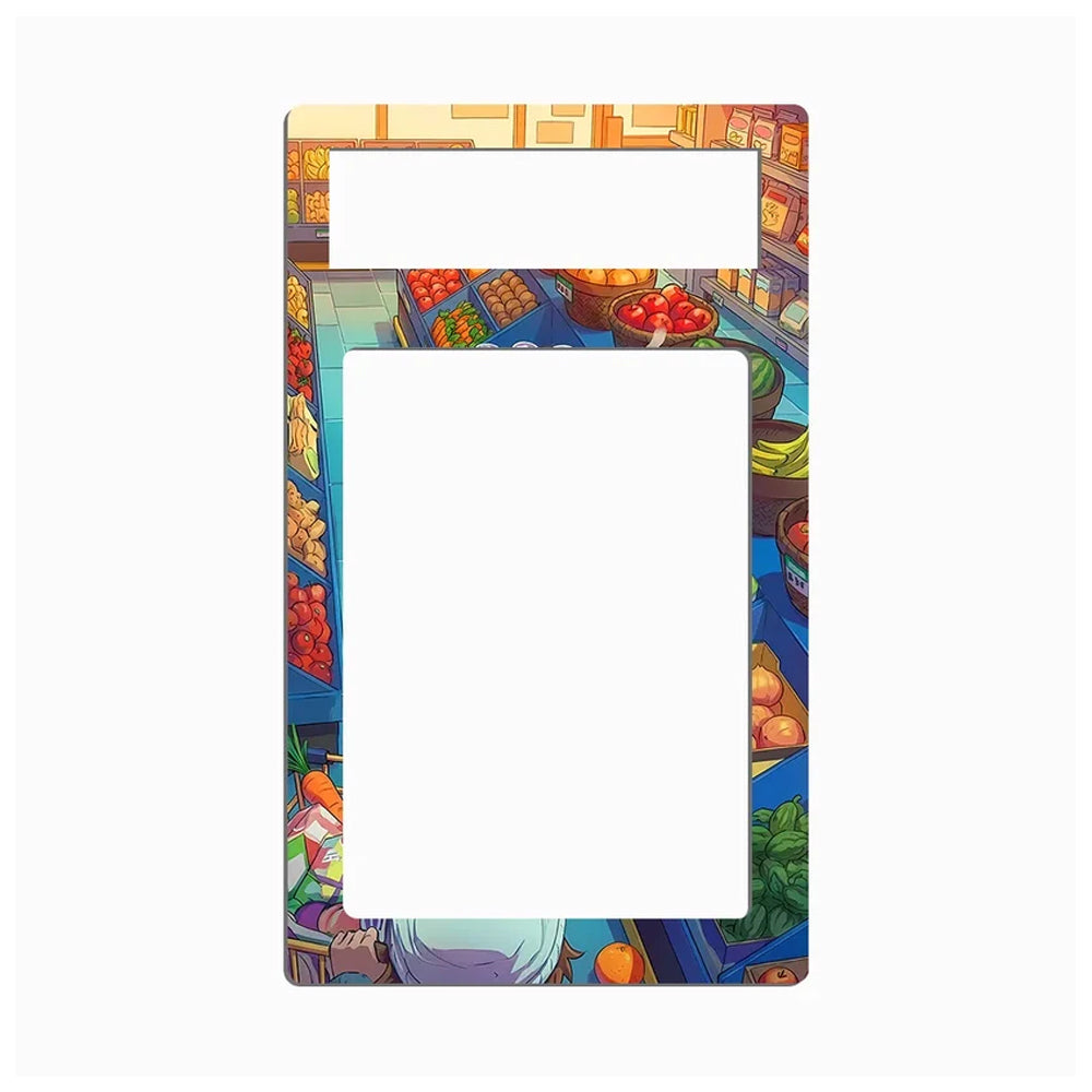 A rectangular metal plate with rounded corners, featuring a colorful cartoon illustration of a grocery store aisle with fruits, vegetables, and shelves. The top section has a blank white rectangular cutout, and the center has a larger blank white cutout.