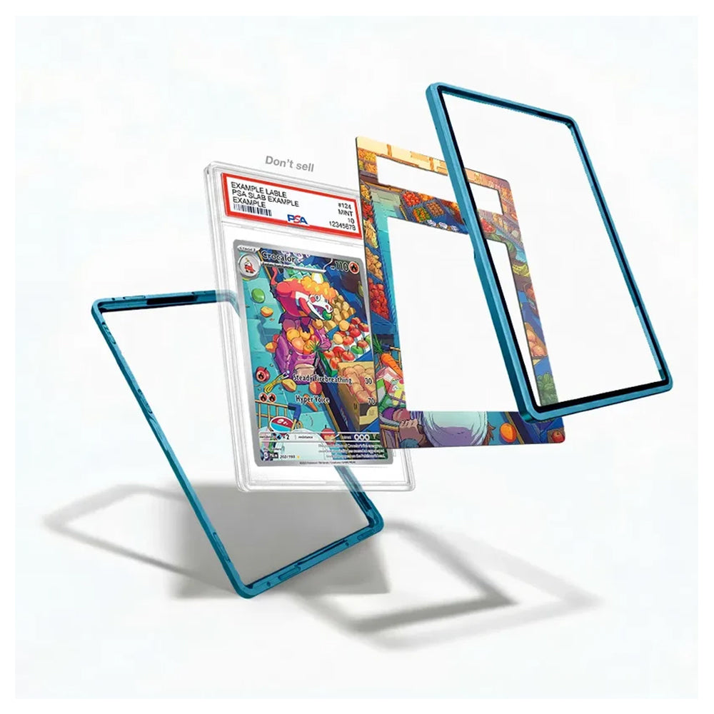 A set of transparent protective cases for Pokémon trading cards, shown floating against a white background. The set includes a clear case with a metallic teal-blue border, a clear case with a colorful illustrated border, and a clear case with a patterned border.