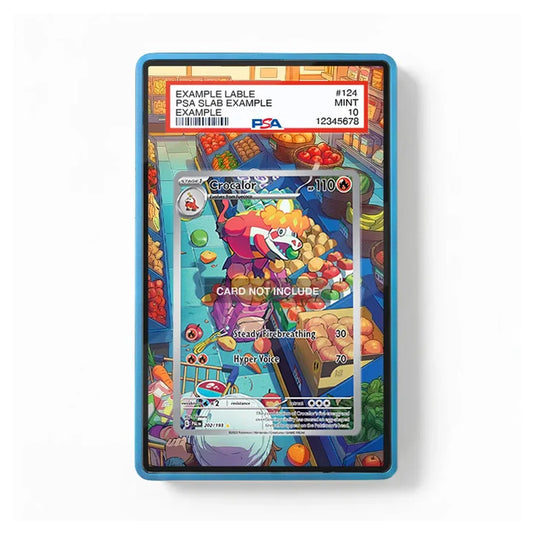 A PSA graded slab containing a Pokémon trading card, shown against a plain white background. The slab has a blue border and a red header card with grading details.