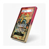 A smartphone case shown at an angle on a light gray background. The case has a metallic gold frame with a vibrant pink inner bumper and a colorful fantasy card design printed on the back, complete with a PSA authentication sticker at the top.