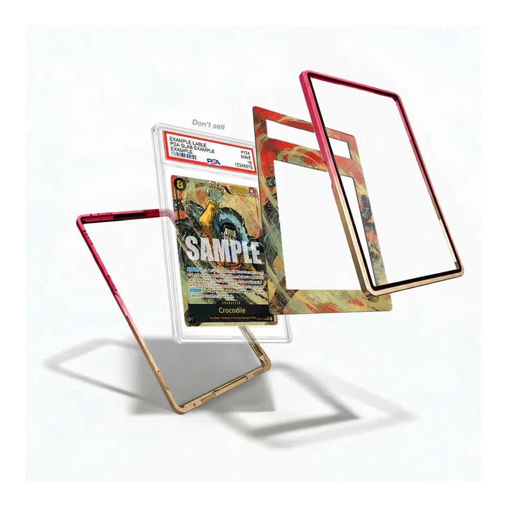 Three transparent phone frame protectors with colorful borders are displayed floating against a white background. One protector has a red-pink border, one has a gold border, and one has a multicolor abstract pattern.