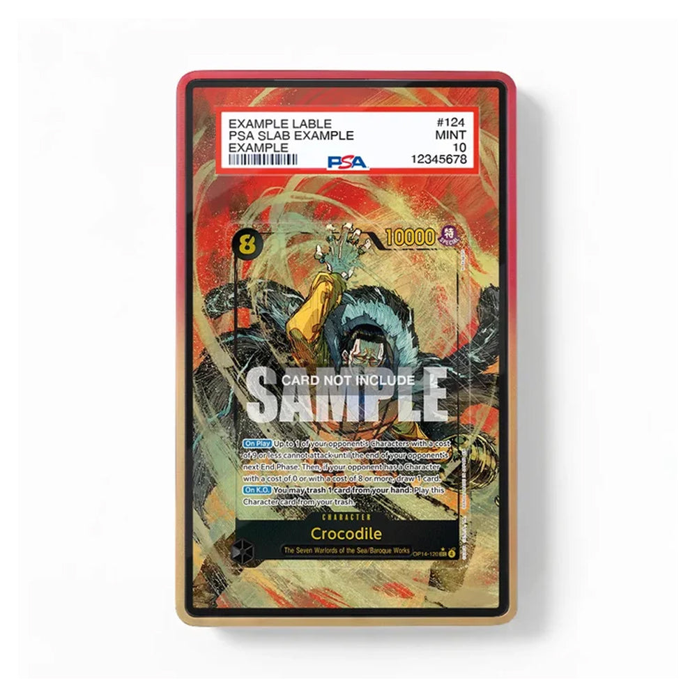 A PSA graded sample collectible card in a red slat-edge holder, featuring a colorful abstract illustration of a crocodile with a white 'SAMPLE CARD NOT INCLUDE' watermark overlay.