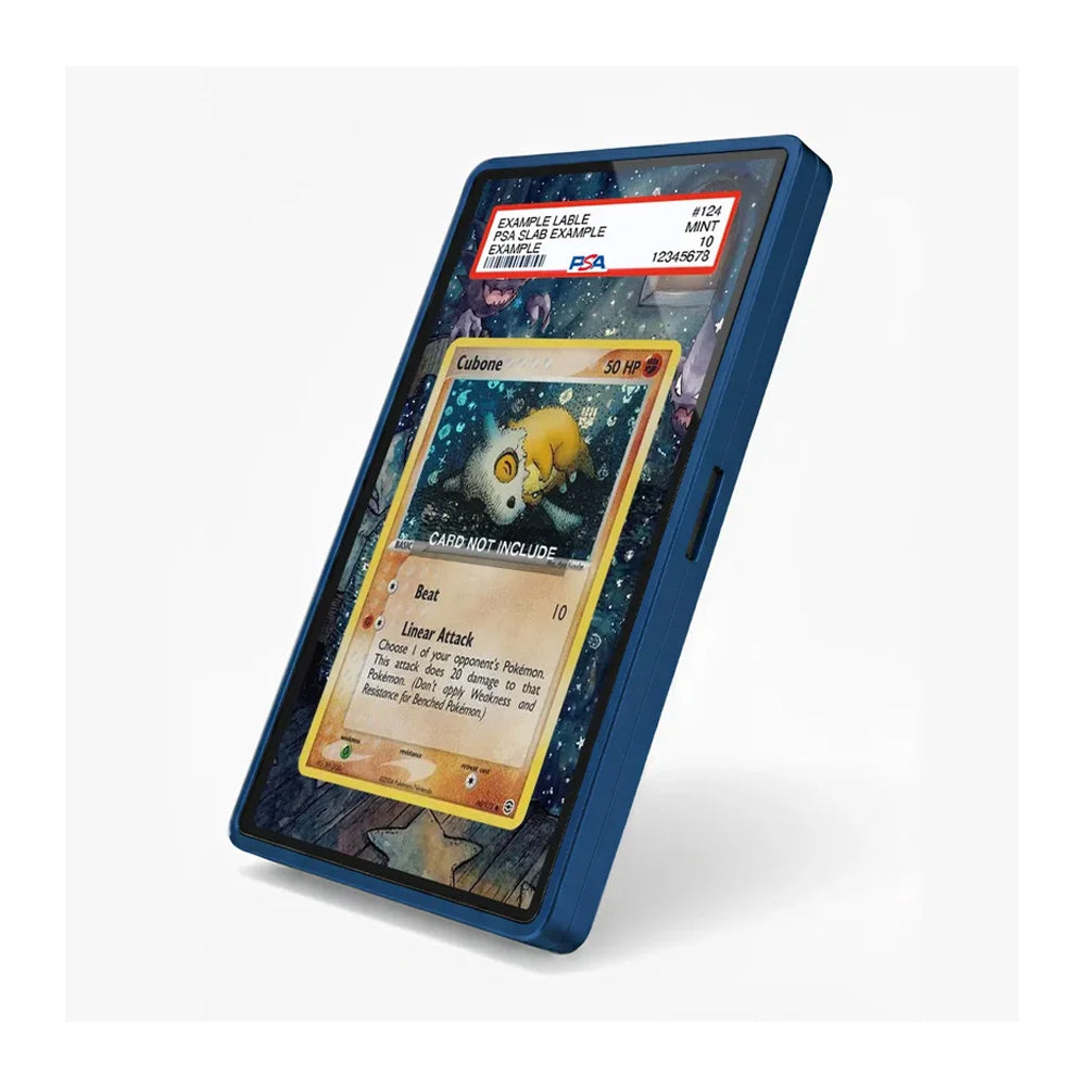 A blue protective phone case with a clear screen protector showing a Pokémon trading card game display, photographed on a clean white background.