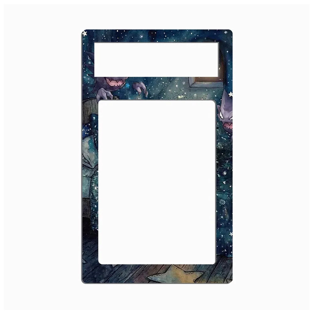 A rectangular decorative frame or plate with rounded corners, featuring a dark blue and black galaxy print with stars and small anime-style character illustrations. The frame has two large white cutouts, one near the top and one centered vertically, on a plain light gray background.