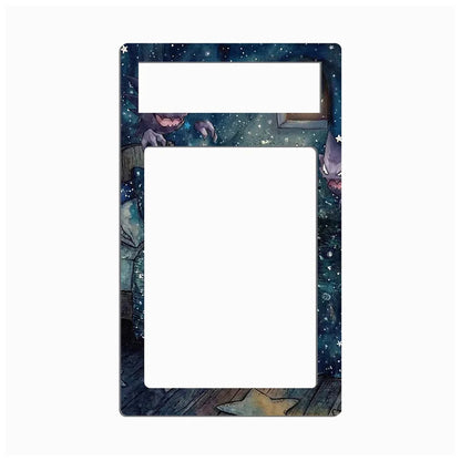 A rectangular decorative frame or plate with rounded corners, featuring a dark blue and black galaxy print with stars and small anime-style character illustrations. The frame has two large white cutouts, one near the top and one centered vertically, on a plain light gray background.