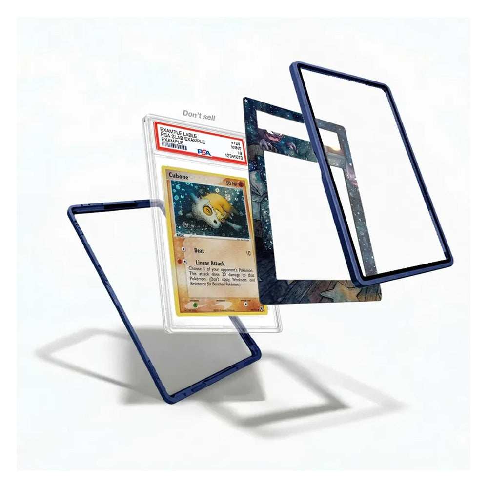 A set of custom protective acrylic card sleeves and frames, shown floating to display their different designs and transparency. One sleeve features a dark blue textured border, while others show clear panels or patterned cosmic designs.
