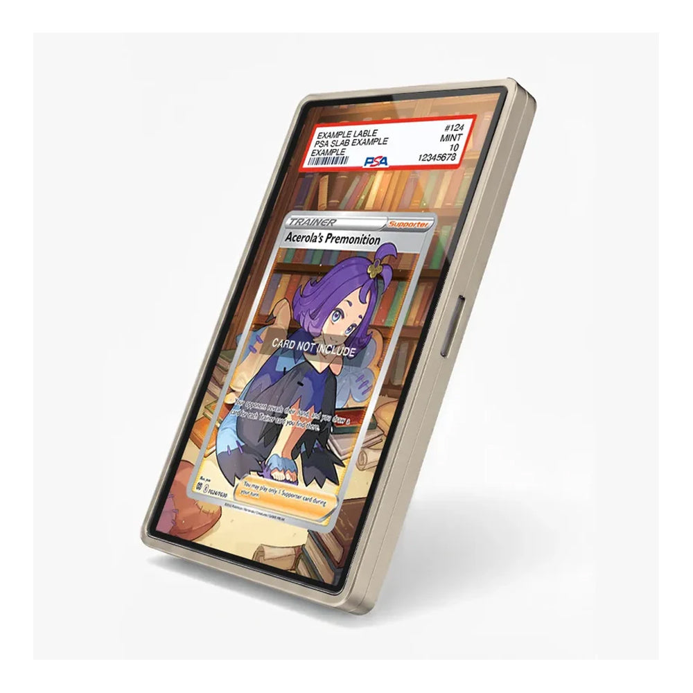 A slim rectangular tablet device shown at an angle on a light gray background, displaying a Pokémon trading card game screen with a purple-haired character card and a PSA grading label at the top.