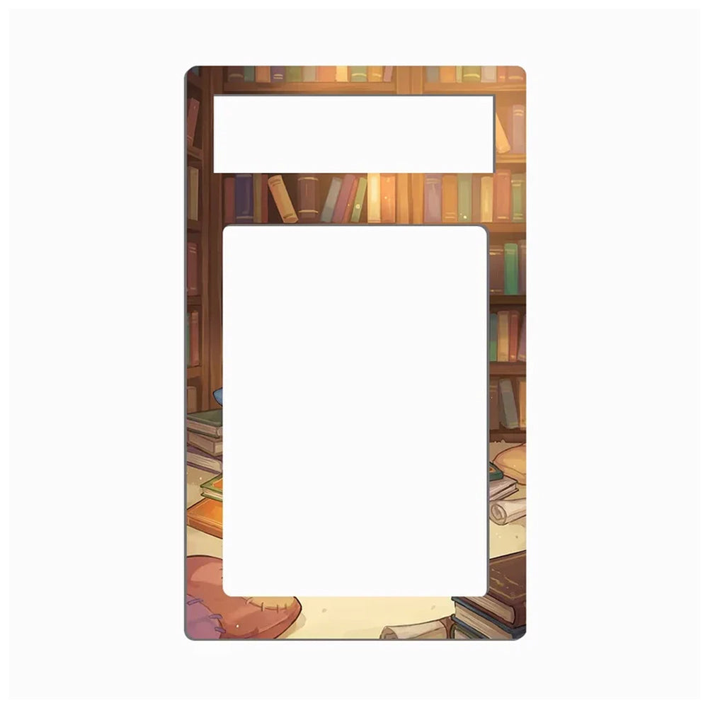 A decorative phone case or frame insert with rounded corners, featuring an illustrated library bookshelf border with books and a desk scene, with two large white cutout areas in the center and top.