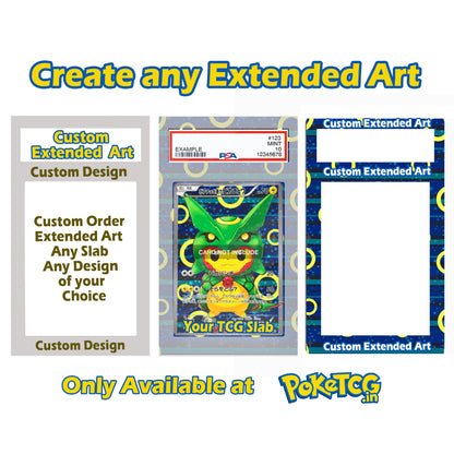 Promotional graphic for a custom TCG art slab service, showing sample designs of a Pokémon card inside a protective case with text reading 'Create any Extended Art' and 'Only Available at PoketCG'.