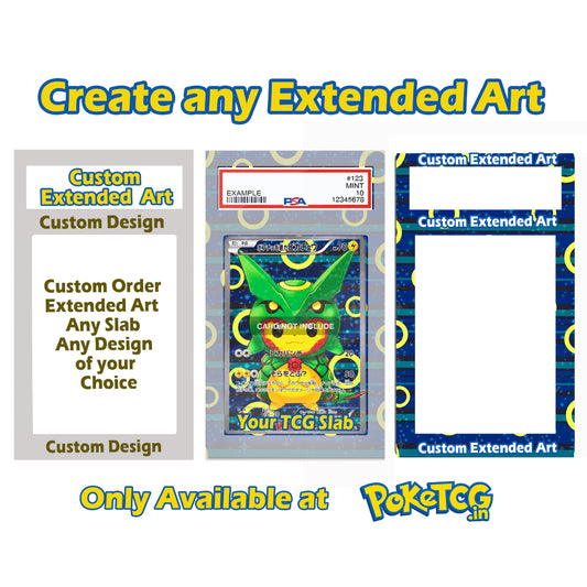 Promotional graphic for a custom TCG art slab service, showing sample designs of a Pokémon card inside a protective case with text reading 'Create any Extended Art' and 'Only Available at PoketCG'.