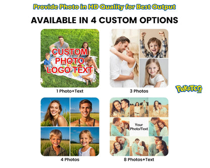 A promotional graphic for a custom photo collage service showing four option layouts: 1 photo with text, 3 photos, 4 photos, and 8 photos with text. The top text reads 'Provide Photo in HD Quality for Best Output' and 'AVAILABLE IN 4 CUSTOM OPTIONS.