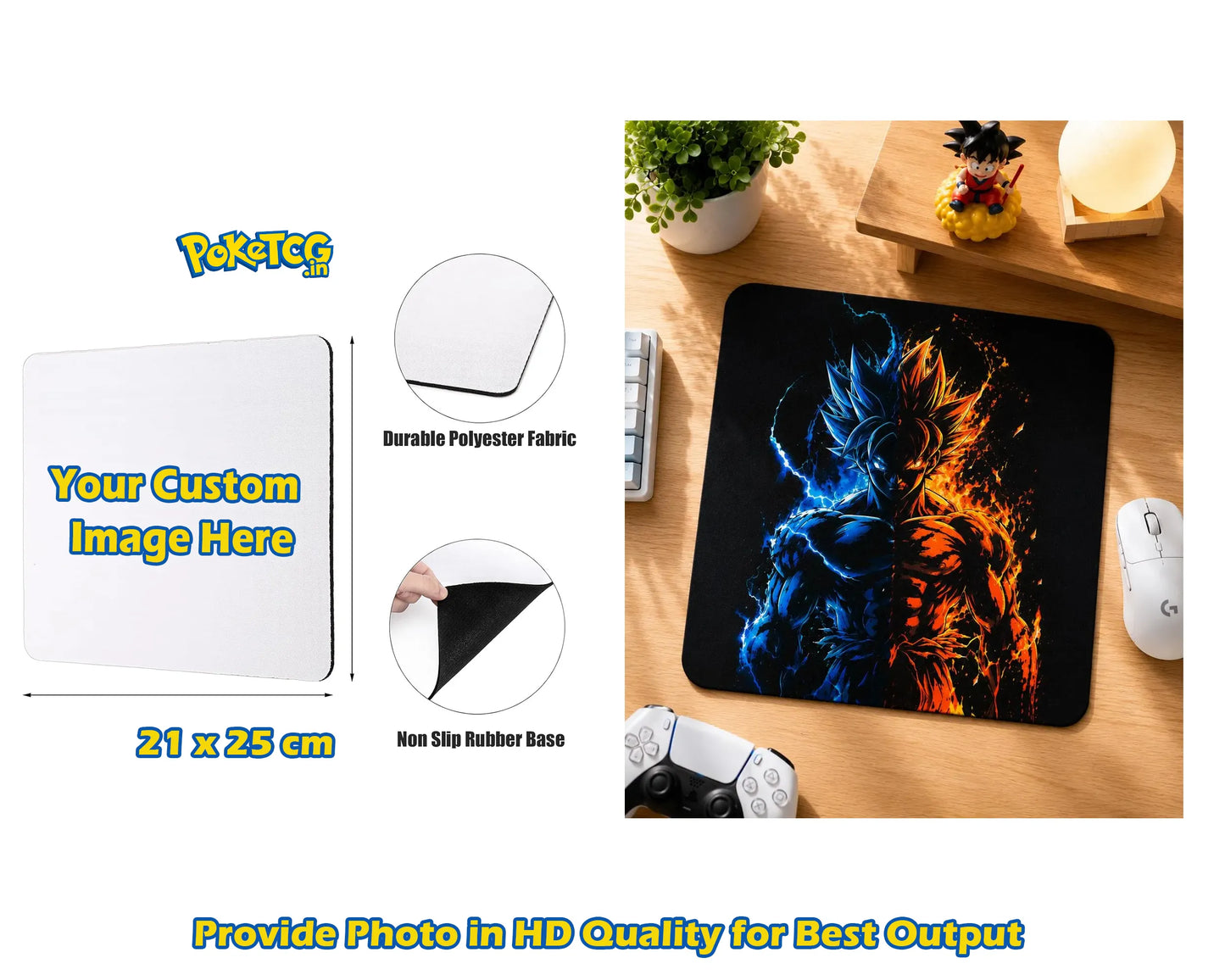 Customizable square desk mat shown on a white background with dimensions 21 x 25 cm, plus inset circles for fabric and rubber base details. Right side shows the mat on a wooden desk with a colorful anime-style printed design in blue and orange.