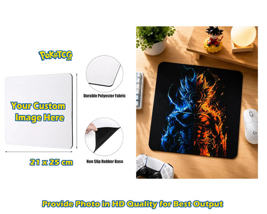 Customizable square desk mat shown on a white background with dimensions 21 x 25 cm, plus inset circles for fabric and rubber base details. Right side shows the mat on a wooden desk with a colorful anime-style printed design in blue and orange.