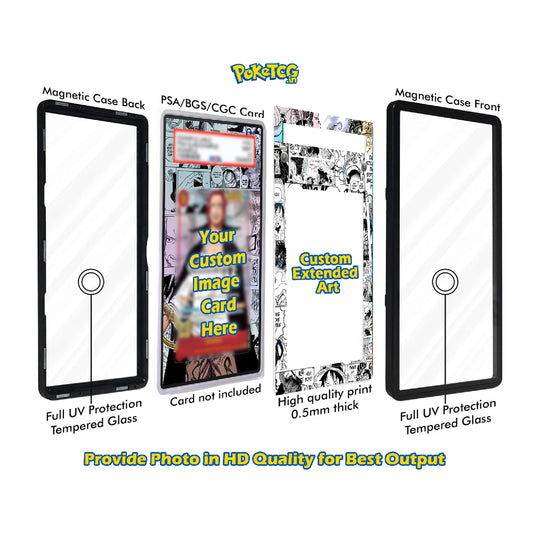 A product diagram showing a customizable magnetic phone case with a central card slot. The diagram includes three labeled panels: 'Magnetic Case Back' with full UV protection tempered glass, 'Magnetic Case Front' with full UV protection tempered glass, and 'PSA/BGS/CGC Card' showing a placeholder for custom image art.