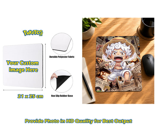 Custom Pokémon TCG mouse pad featuring a cartoon character illustration, shown alongside product specifications and a lifestyle desk setup with a mouse and plant.