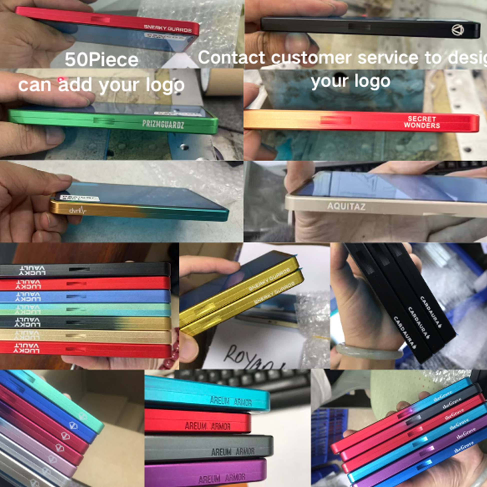 Collage of colorful phone cases with various branding and text.