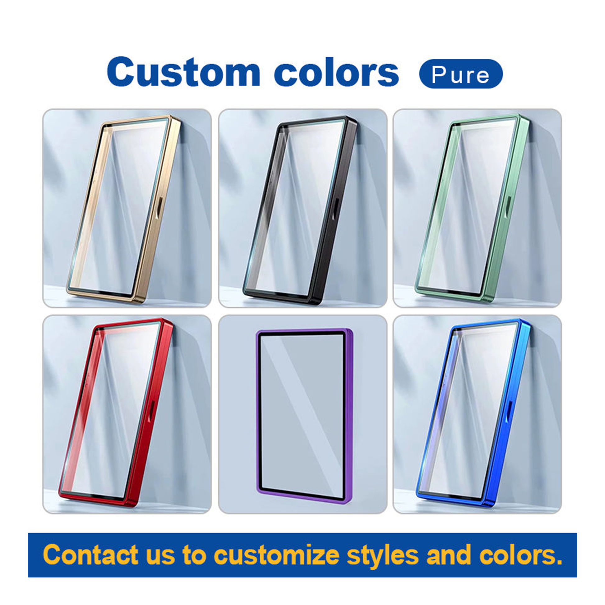 Six smartphone cases in different colors on a white background with text about customizable styles and colors.