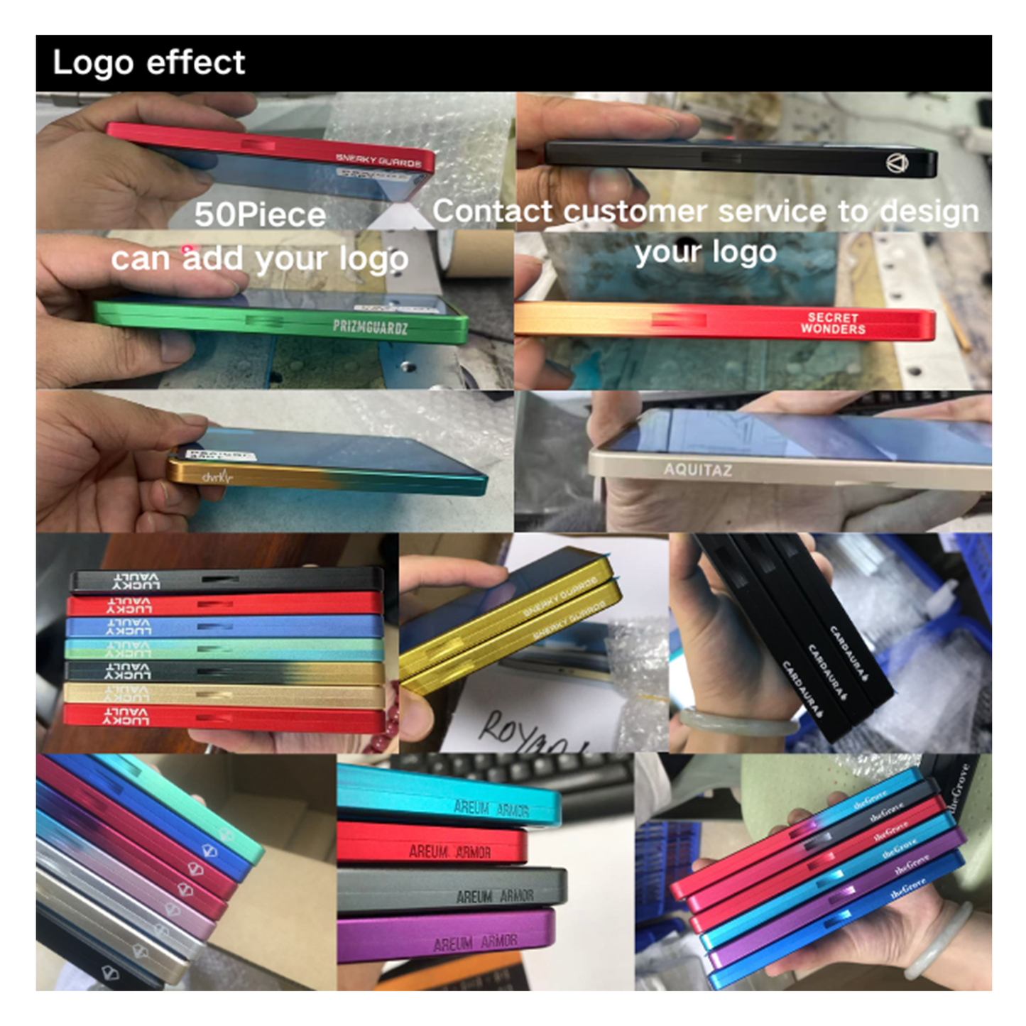 Collage of colorful pens with text overlay offering customization services.