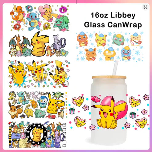 Cute Cartoon Pokemon Pikachu UV DTF Transfer Glass Sticker Waterproof Transfers Decals For 16oz Glass Cup Wrap Stickers