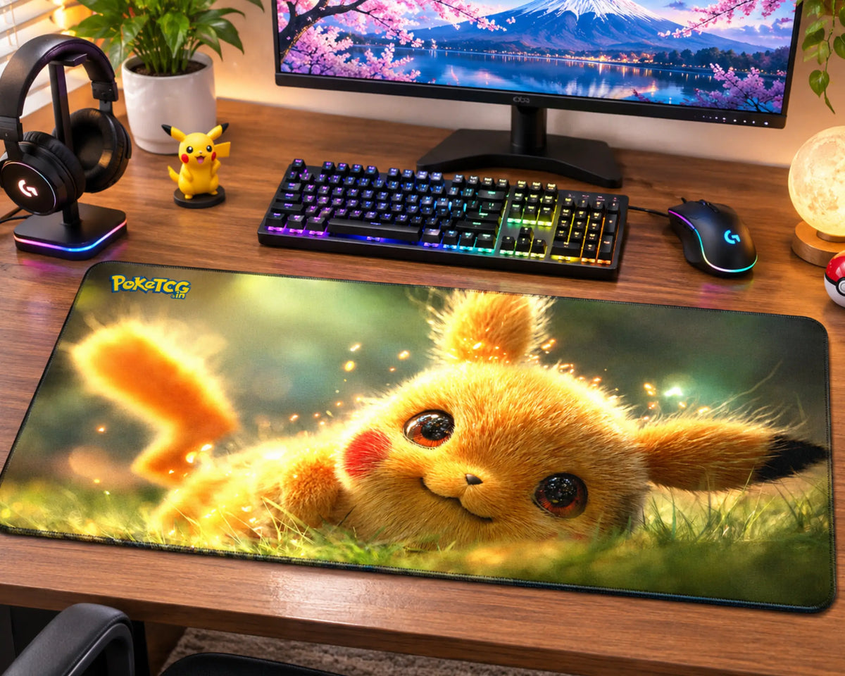 Cute fluffy golden Pikachu lying in green grass with large expressive eyes, glowing orange electric tail, and sparkling golden light effects on a Pokemon gaming mouse pad.