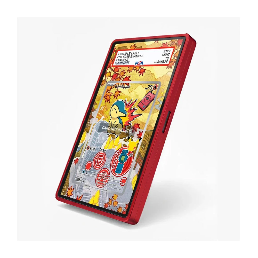 A red protective phone case with a custom Pokémon-themed screen protector featuring a Charizard illustration and a PSA authentication label at the top, shown on a light gray background.