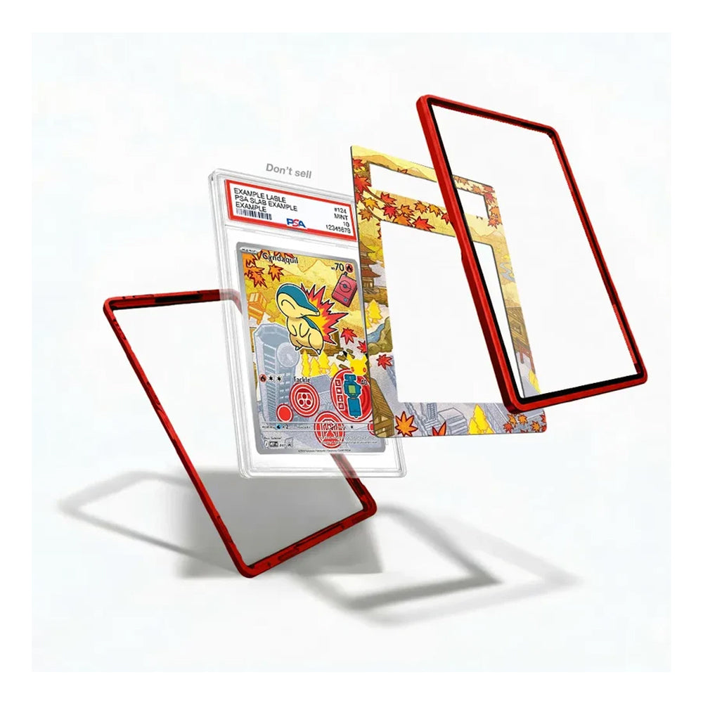 A clear acrylic display card holder set with red borders, shown floating around a graded Pokémon TCG card on a white background. The set includes multiple frames and a backing card with Mylar protection.