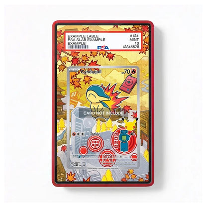 A PSA graded display card case featuring a Pokémon-themed design with a red border, autumn leaf pattern, and a central holographic card insert showing a Croucon illustration. The top section includes a white label with grading details and a PSA logo.