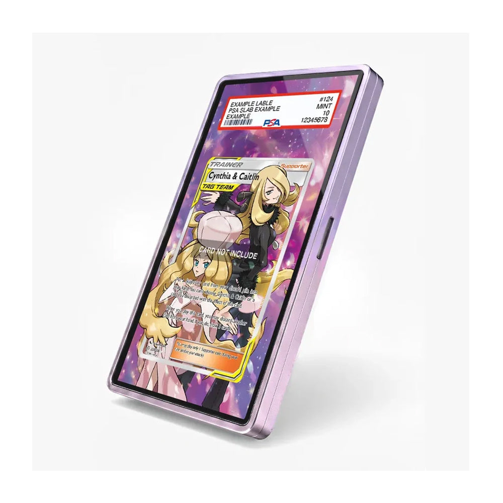 A translucent lavender-purple phone case shown on a smartphone, with a printed sample trading card design visible through the screen. The case appears to be the product, photographed on a clean white studio background.