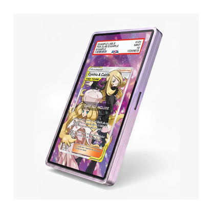 A translucent lavender-purple phone case shown on a smartphone, with a printed sample trading card design visible through the screen. The case appears to be the product, photographed on a clean white studio background.